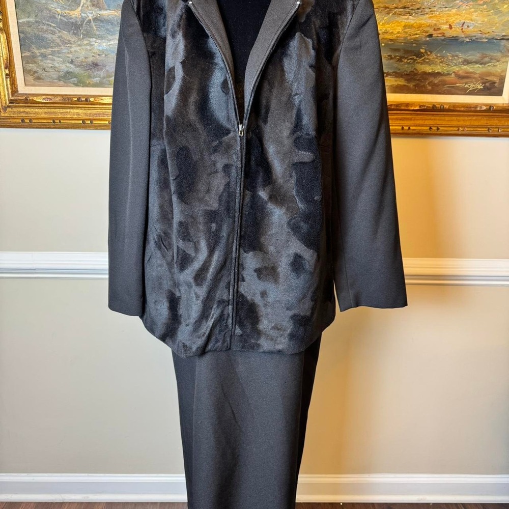 NYP Suits Black Faux‎ Fur Front Zip Jacket Maxi Skirt Suit Set Plus Size 18W